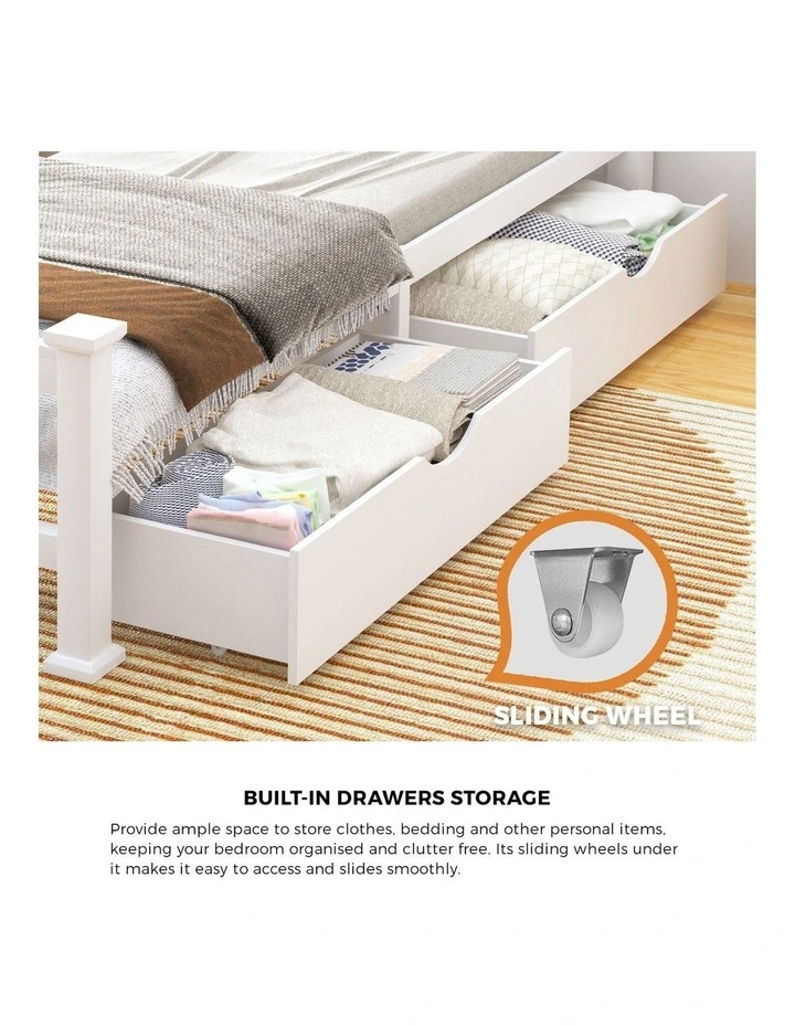 Oikiture Solid Pine Wood Bed Frame with 2 Storage Drawers Platform White King image 6