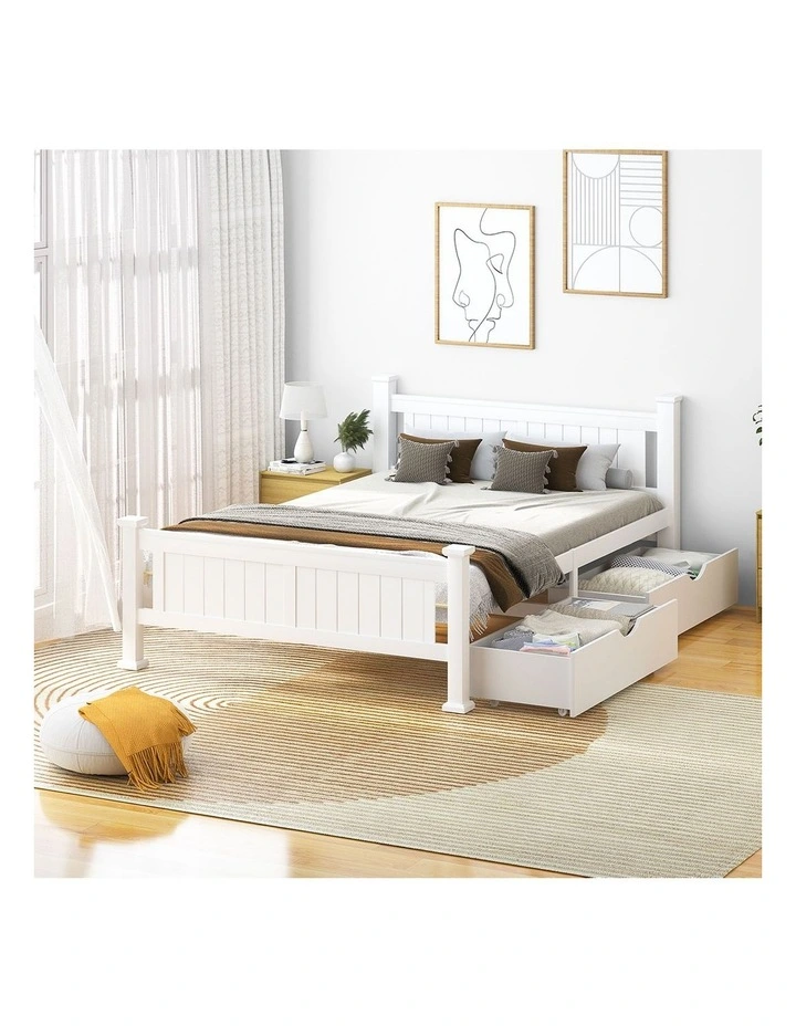 Oikiture Solid Pine Wood Bed Frame with 2 Storage Drawers Platform White King image 7