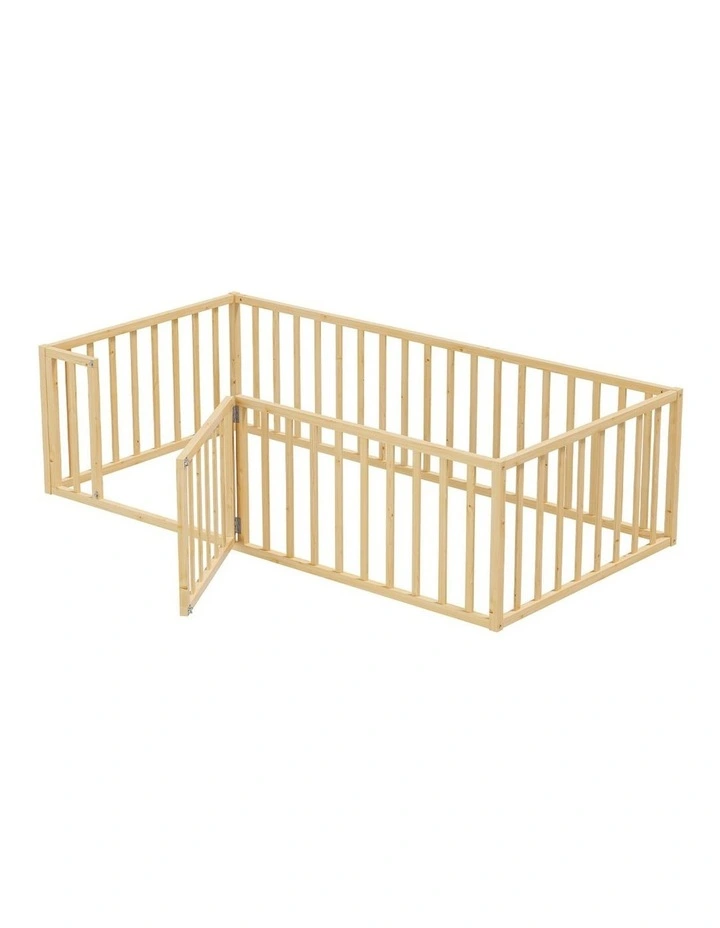 Oikiture 2-in-1 Kids Bed Frame Single Toddler Play Centre Guard Fence Gate Wood image 1