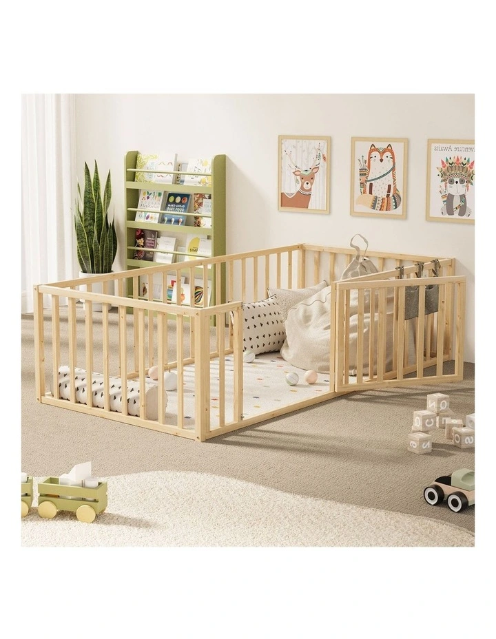 Oikiture 2-in-1 Kids Bed Frame Single Toddler Play Centre Guard Fence Gate Wood image 4
