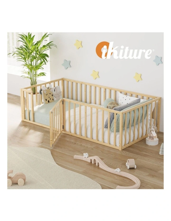 Oikiture 2-in-1 Kids Bed Frame Single Toddler Play Centre Guard Fence Gate Wood image 7
