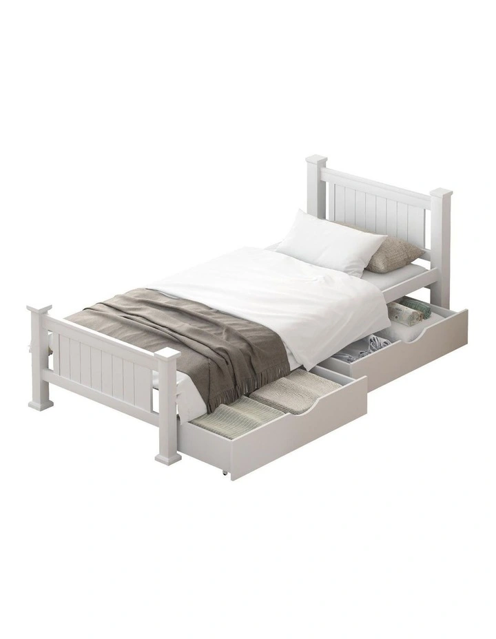Oikiture Solid Pine Wood Bed Frame with 2 Storage Drawers Platform White Single image 1