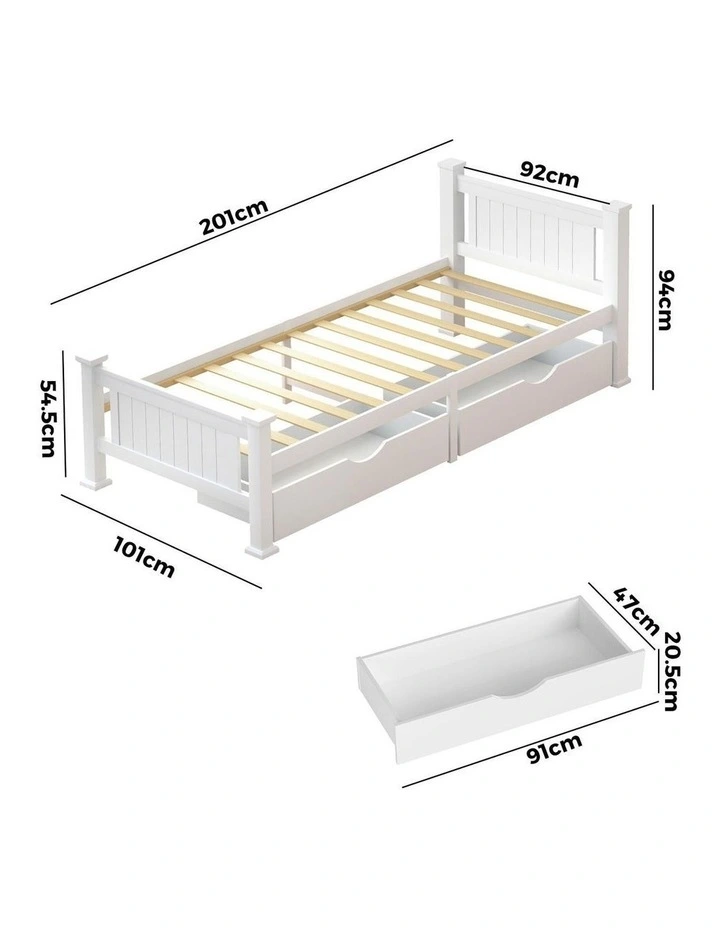 Oikiture Solid Pine Wood Bed Frame with 2 Storage Drawers Platform White Single image 3