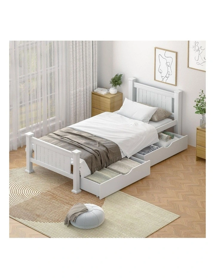 Oikiture Solid Pine Wood Bed Frame with 2 Storage Drawers Platform White Single image 4