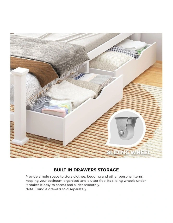 Oikiture Solid Pine Wood Bed Frame with 2 Storage Drawers Platform White Single image 6