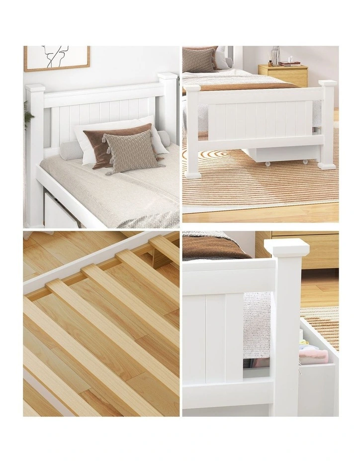 Oikiture Solid Pine Wood Bed Frame with 2 Storage Drawers Platform White Single image 7