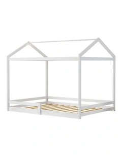 Oikiture Kids Wooden Bed Frame Timber House Beds Base with Fence Double White