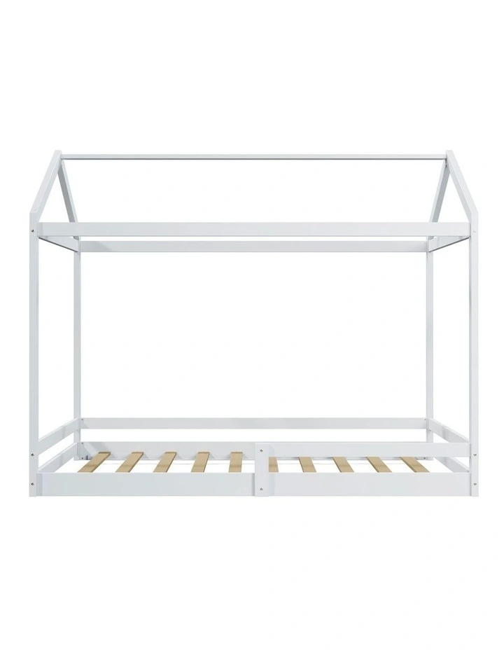 Oikiture Kids Wooden Bed Frame Timber House Beds Base with Fence Double White image 2