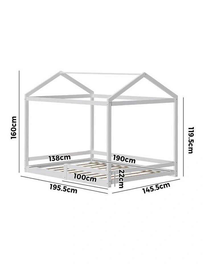 Oikiture Kids Wooden Bed Frame Timber House Beds Base with Fence Double White image 3