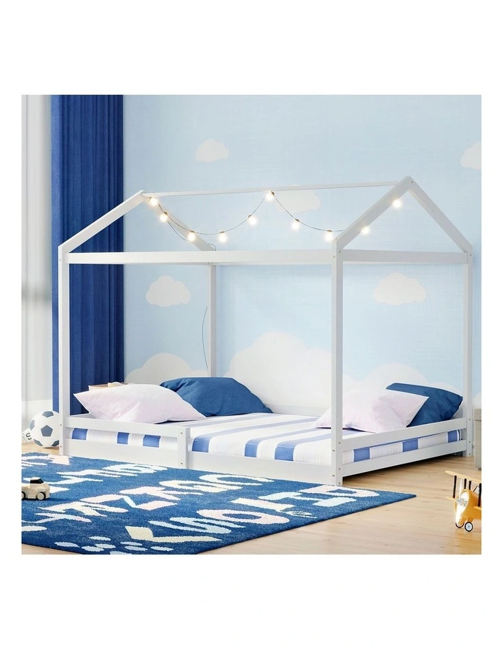 Oikiture Kids Wooden Bed Frame Timber House Beds Base with Fence Double White image 4