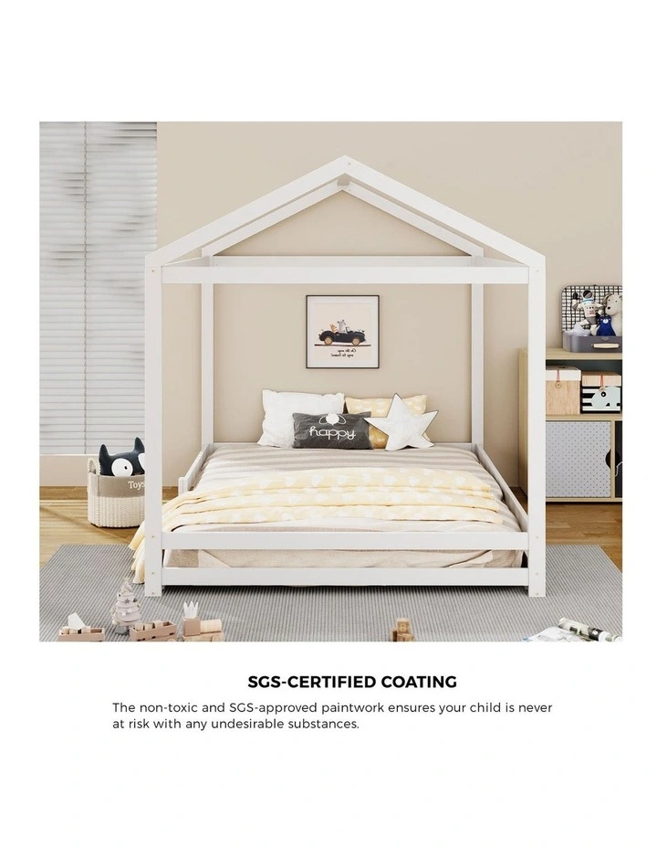 Oikiture Kids Wooden Bed Frame Timber House Beds Base with Fence Double White image 6
