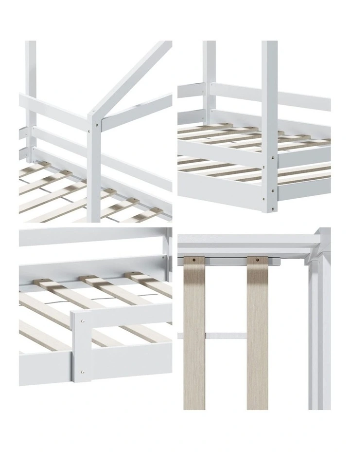 Oikiture Kids Wooden Bed Frame Timber House Beds Base with Fence Double White image 7