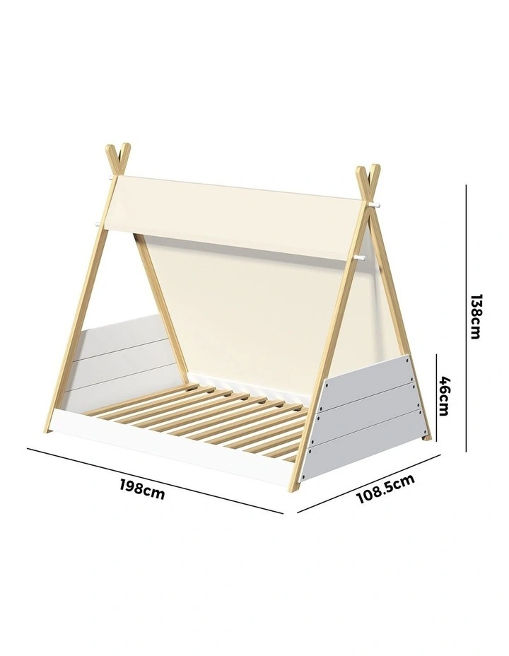 Oikiture Kids Bed Frame Wooden Timber Single Canvas Teepee Bed Frame Platform image 3