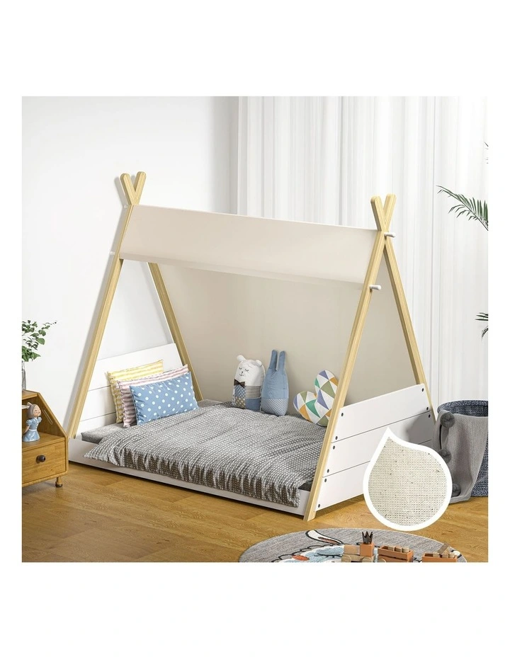 Oikiture Kids Bed Frame Wooden Timber Single Canvas Teepee Bed Frame Platform image 4