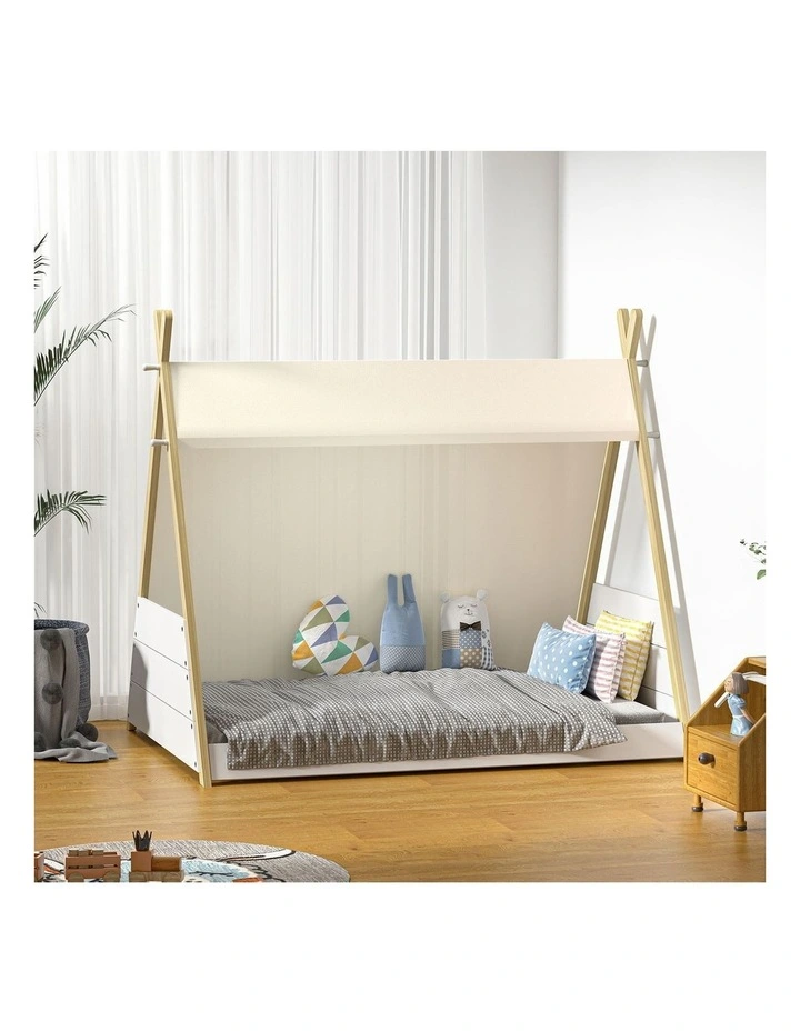 Oikiture Kids Bed Frame Wooden Timber Single Canvas Teepee Bed Frame Platform image 5