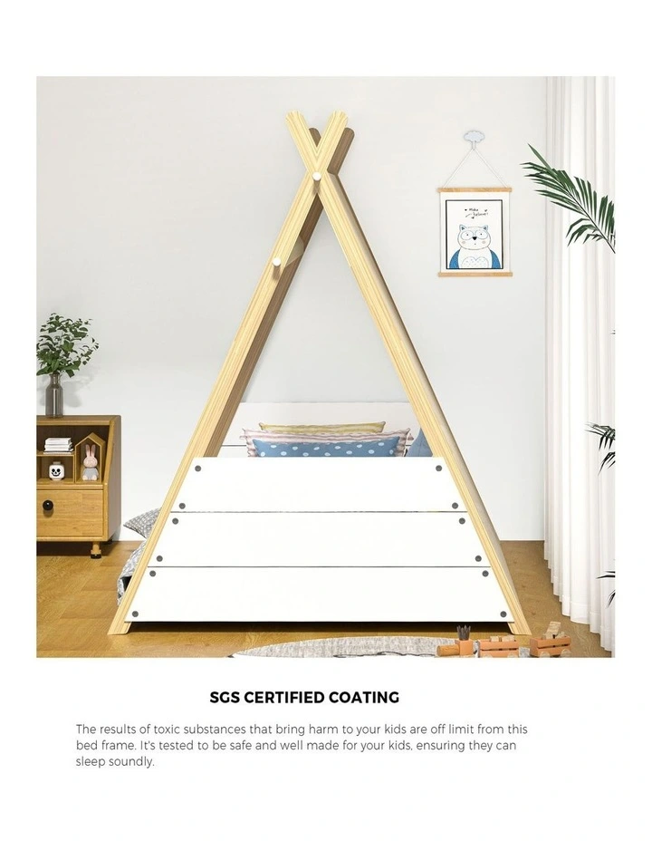 Oikiture Kids Bed Frame Wooden Timber Single Canvas Teepee Bed Frame Platform image 6