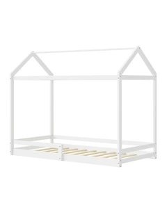 Oikiture Kids Wooden Bed Frame House Beds Base Timber with Fence Single White