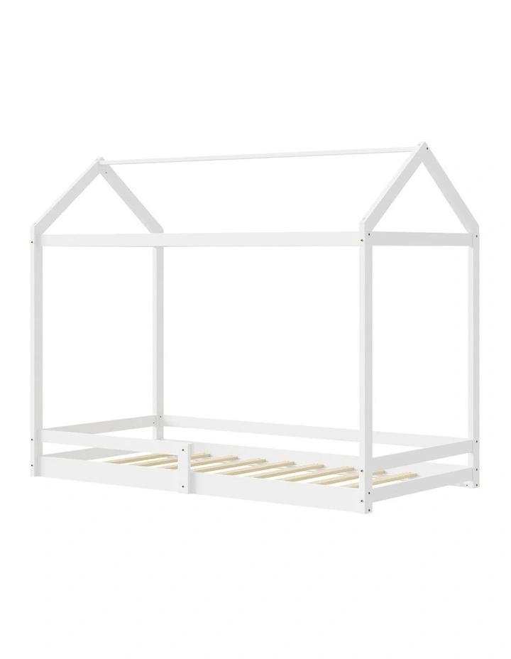 Oikiture Kids Wooden Bed Frame House Beds Base Timber with Fence Single White image 1