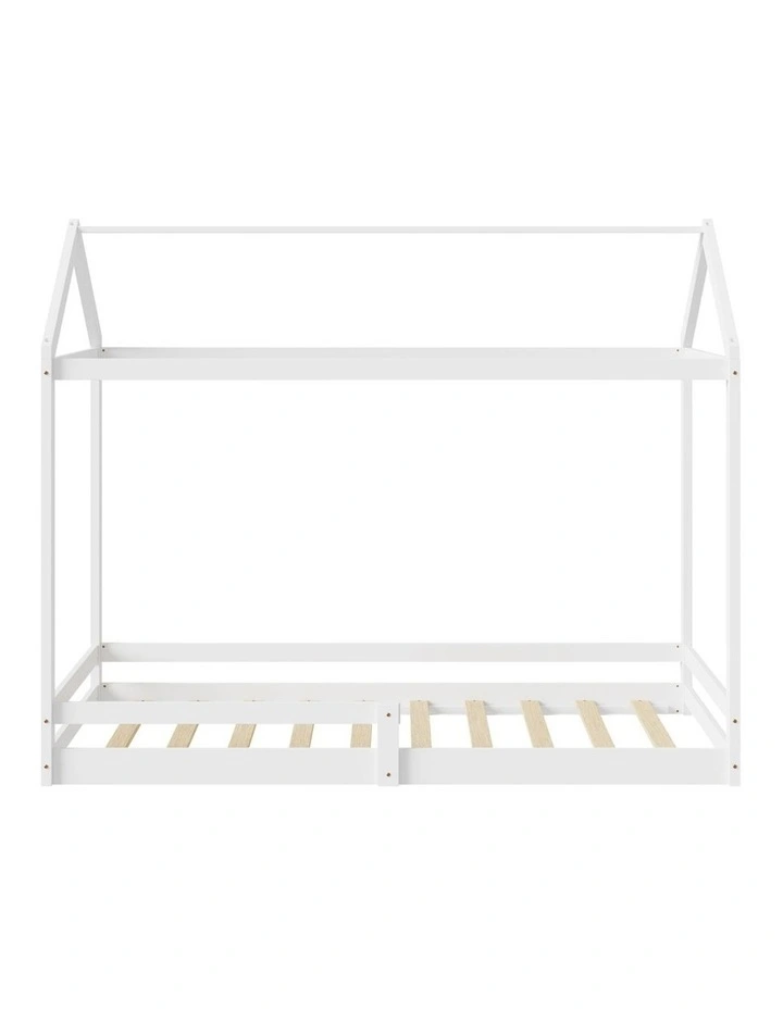 Oikiture Kids Wooden Bed Frame House Beds Base Timber with Fence Single White image 2