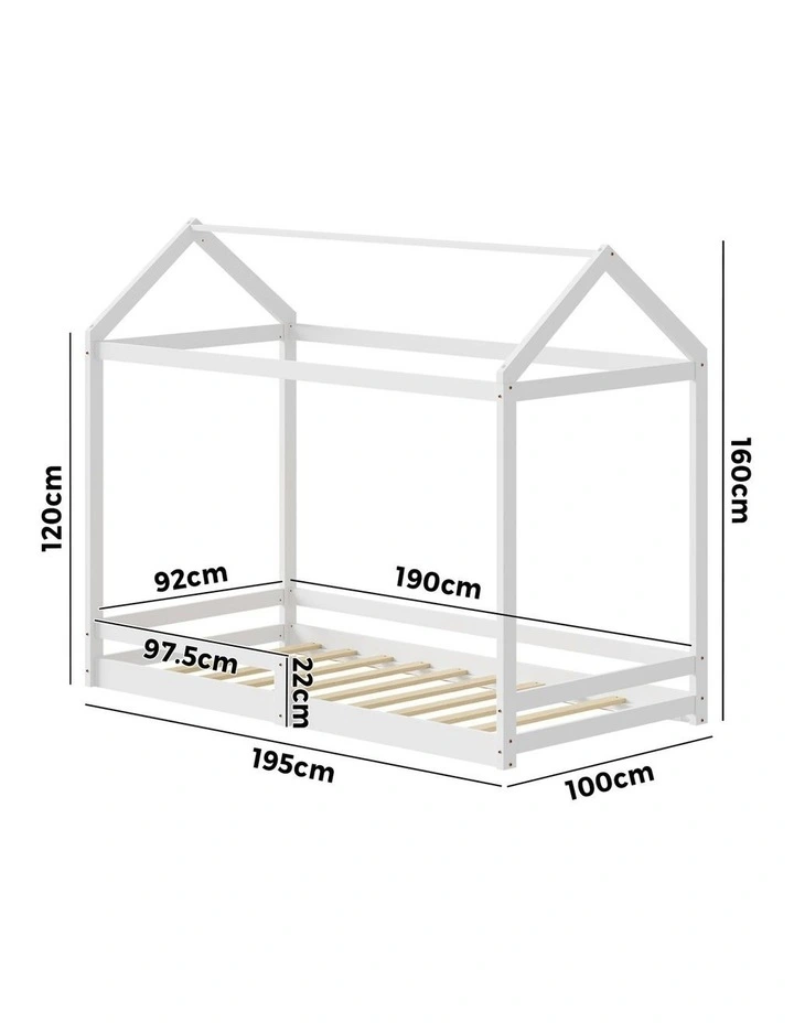 Oikiture Kids Wooden Bed Frame House Beds Base Timber with Fence Single White image 3