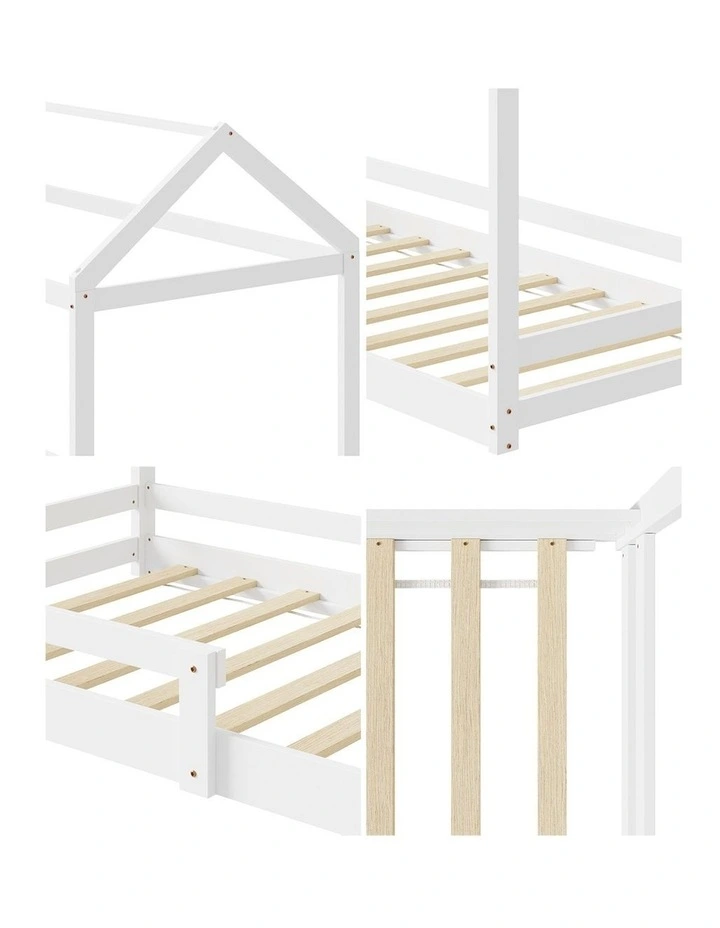 Oikiture Kids Wooden Bed Frame House Beds Base Timber with Fence Single White image 7