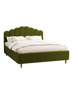 Oikiture Bed Frame Queen Size Stripe Headboard Wooden Slats Base Green Boucle