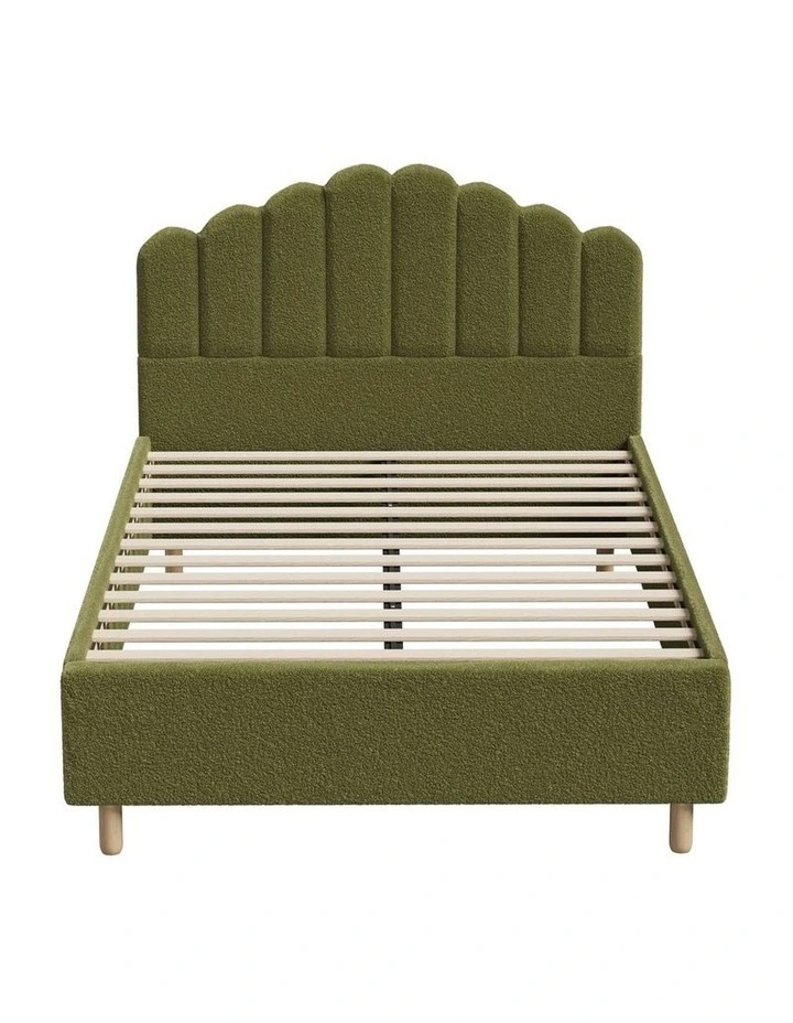 Oikiture Bed Frame Queen Size Stripe Headboard Wooden Slats Base Green Boucle image 2