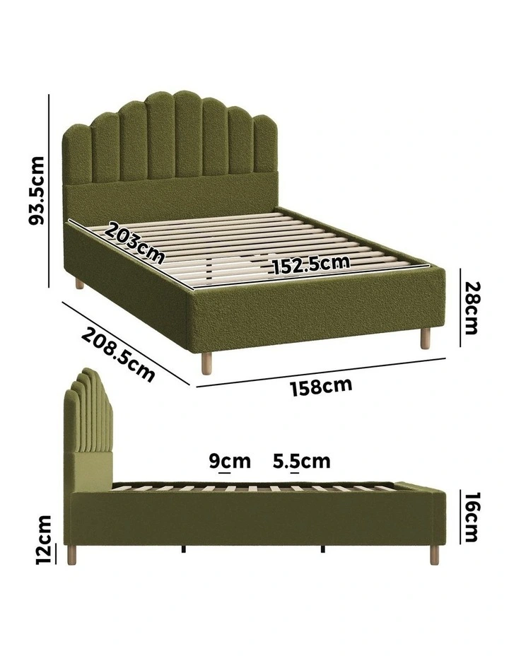Oikiture Bed Frame Queen Size Stripe Headboard Wooden Slats Base Green Boucle image 3