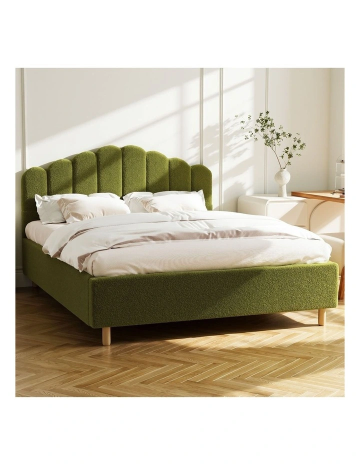 Oikiture Bed Frame Queen Size Stripe Headboard Wooden Slats Base Green Boucle image 4