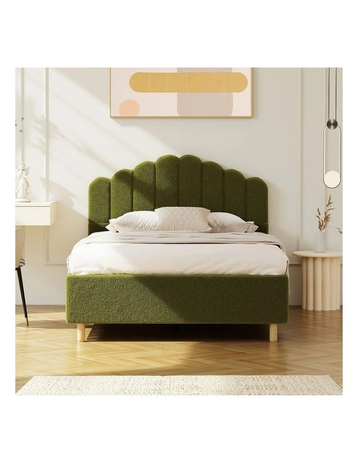Oikiture Bed Frame Queen Size Stripe Headboard Wooden Slats Base Green Boucle image 5