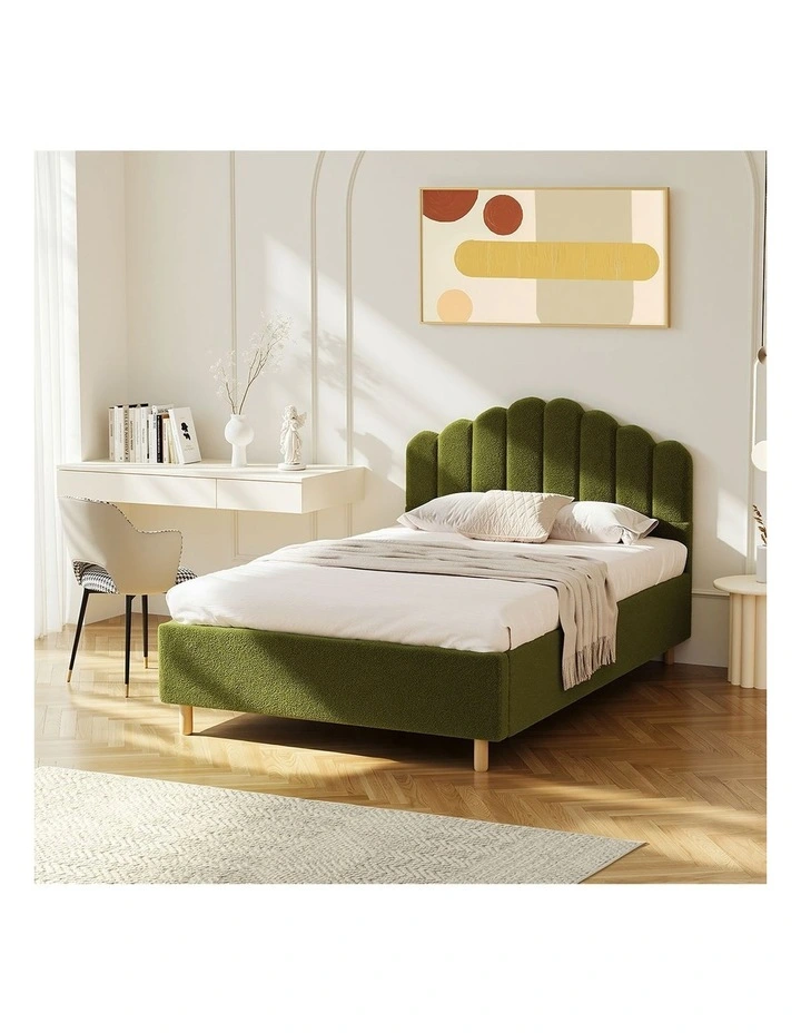 Oikiture Bed Frame Queen Size Stripe Headboard Wooden Slats Base Green Boucle image 7