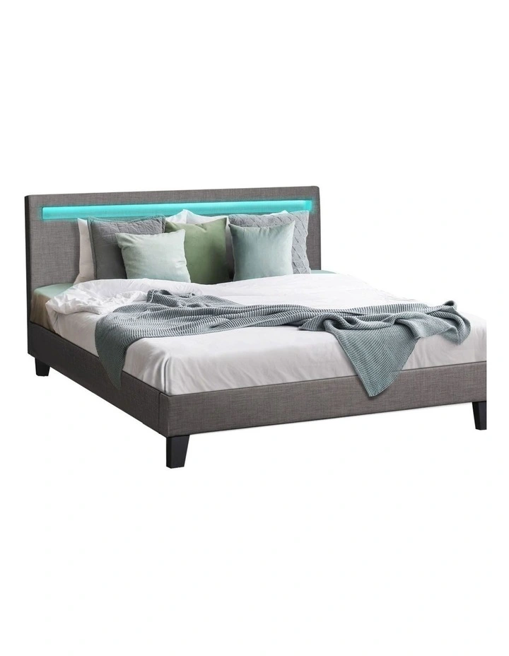 Oikiture Bed Frame RGB LED Double Size Wooden Slats Grey Fabric image 1