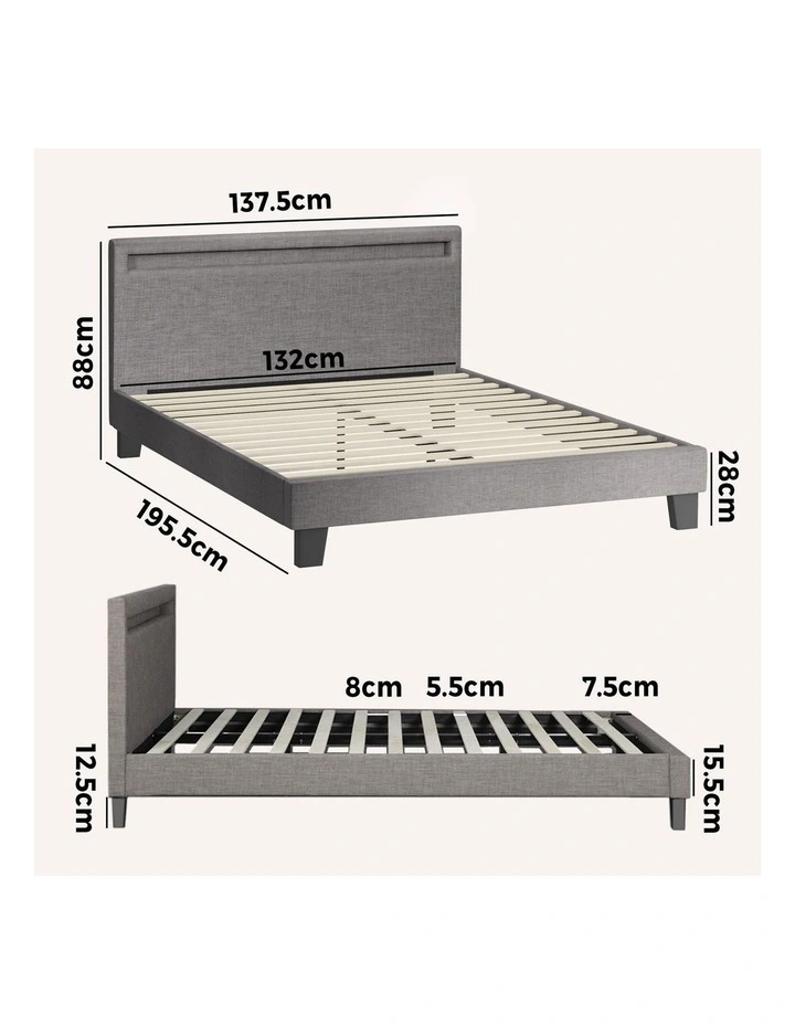 Oikiture Bed Frame RGB LED Double Size Wooden Slats Grey Fabric image 3