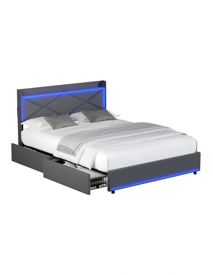Oikiture Bed Frame Double Size with LED Headboard Charging Port 4 Drawers image 1