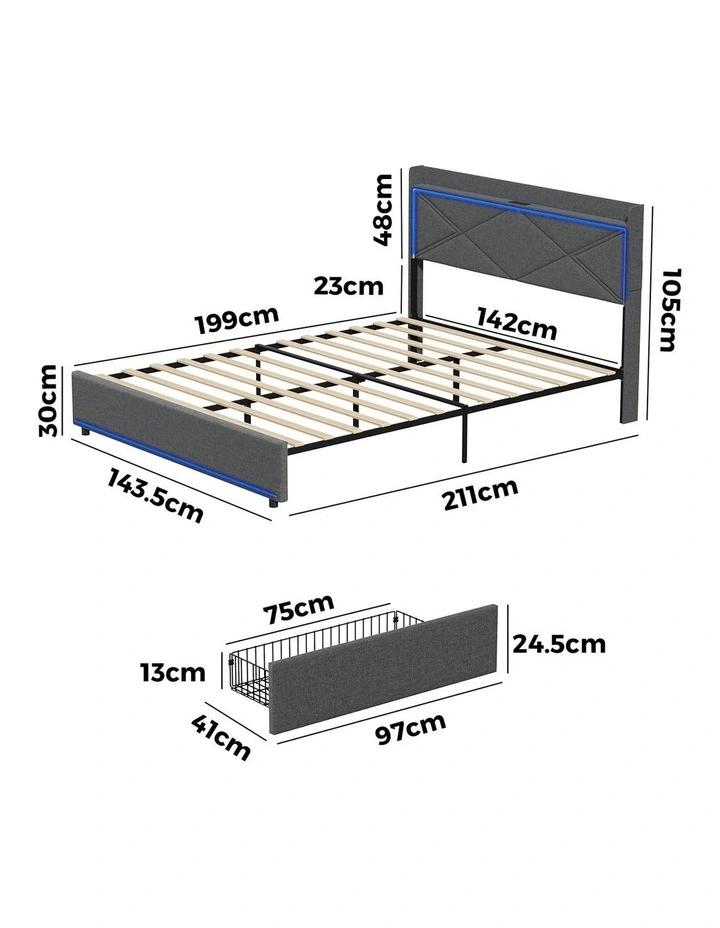 Oikiture Bed Frame Double Size with LED Headboard Charging Port 4 Drawers image 3