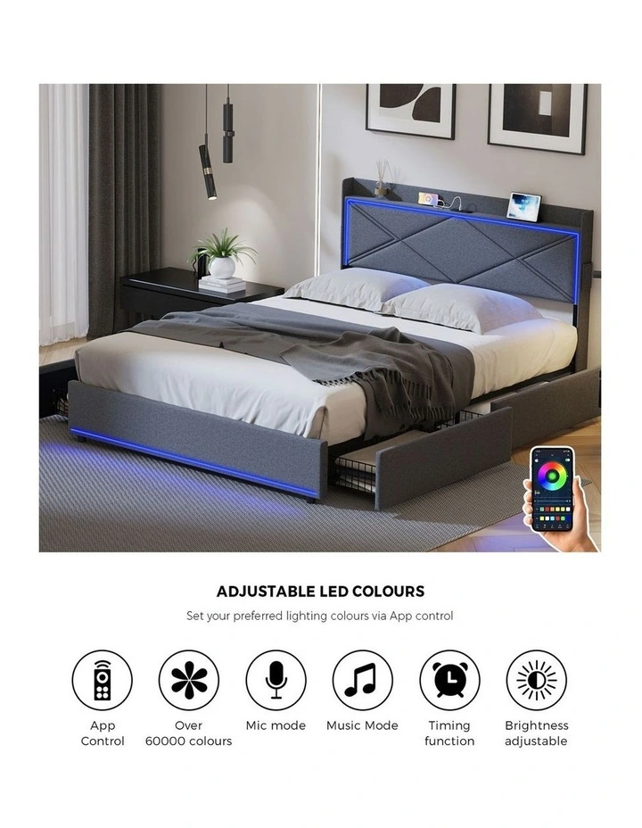 Oikiture Bed Frame Double Size with LED Headboard Charging Port 4 Drawers image 6
