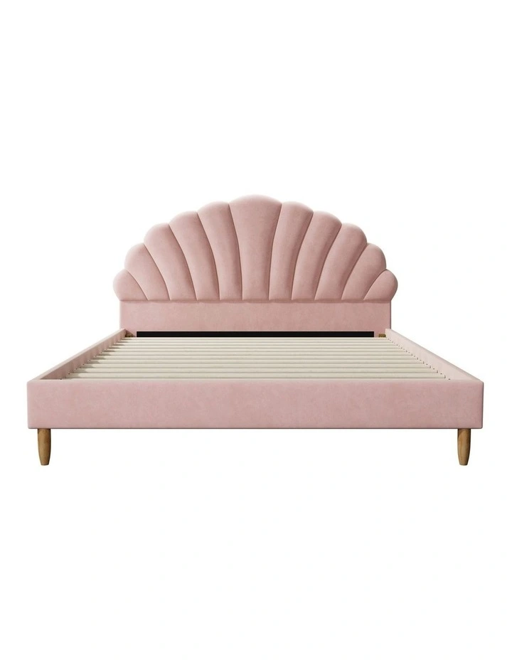 Oikiture Bed Frame Double Size Scallop-Shape Bedhead Pink Velvet image 2