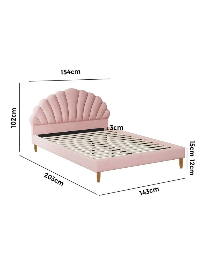 Oikiture Bed Frame Double Size Scallop-Shape Bedhead Pink Velvet image 3