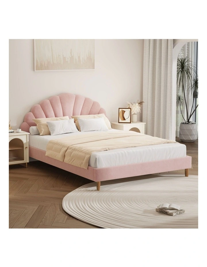 Oikiture Bed Frame Double Size Scallop-Shape Bedhead Pink Velvet image 4