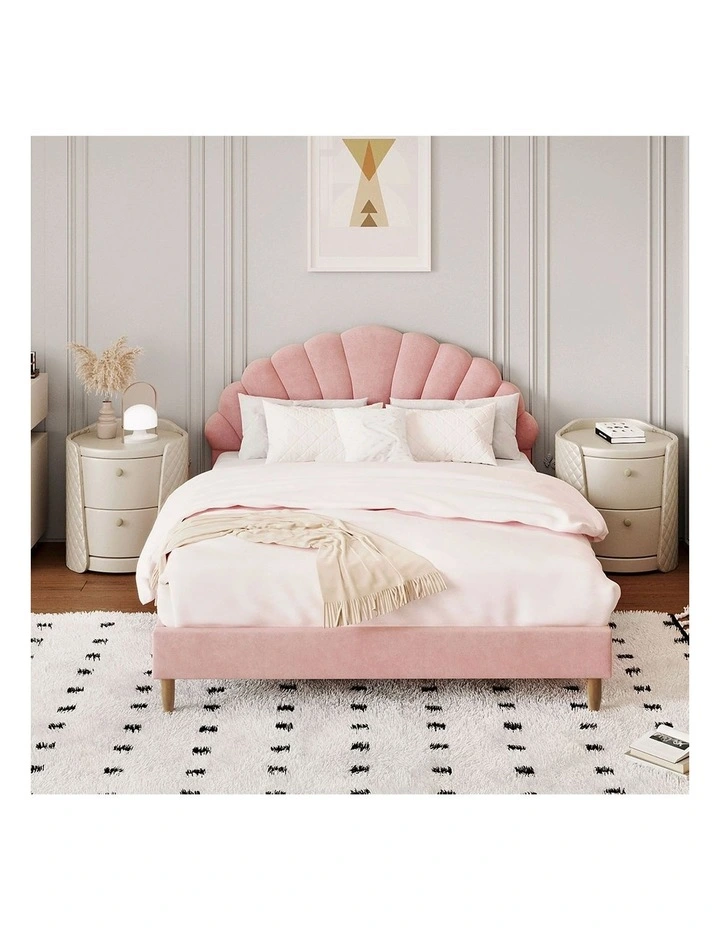 Oikiture Bed Frame Double Size Scallop-Shape Bedhead Pink Velvet image 5