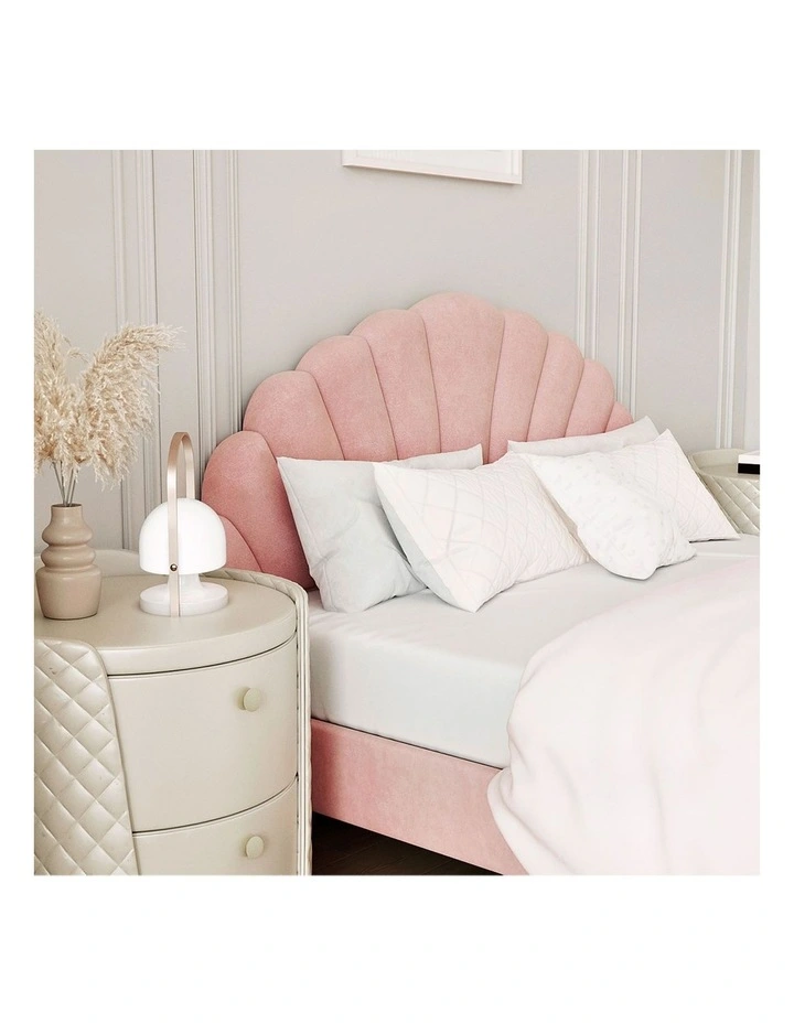 Oikiture Bed Frame Double Size Scallop-Shape Bedhead Pink Velvet image 6