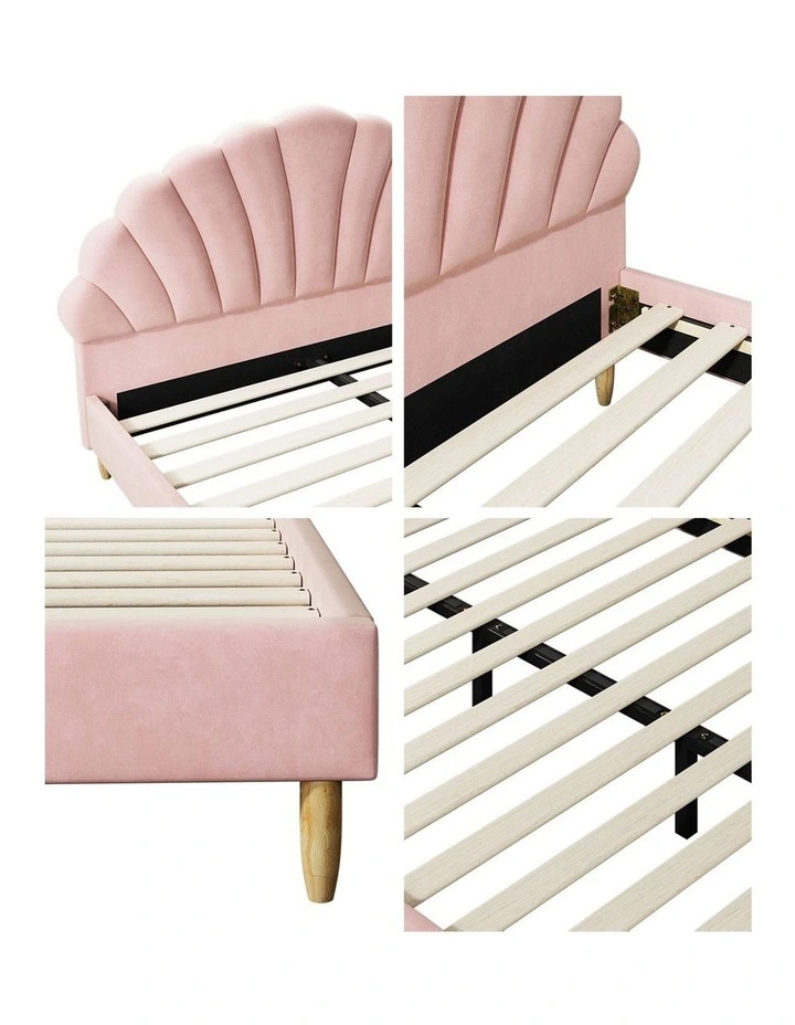 Oikiture Bed Frame Double Size Scallop-Shape Bedhead Pink Velvet image 7