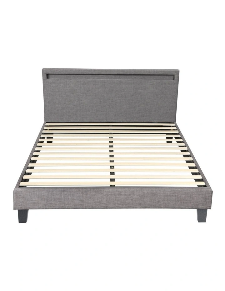 Oikiture Bed Frame RGB LED Queen Size Platform Wooden Slats Grey Fabric image 2