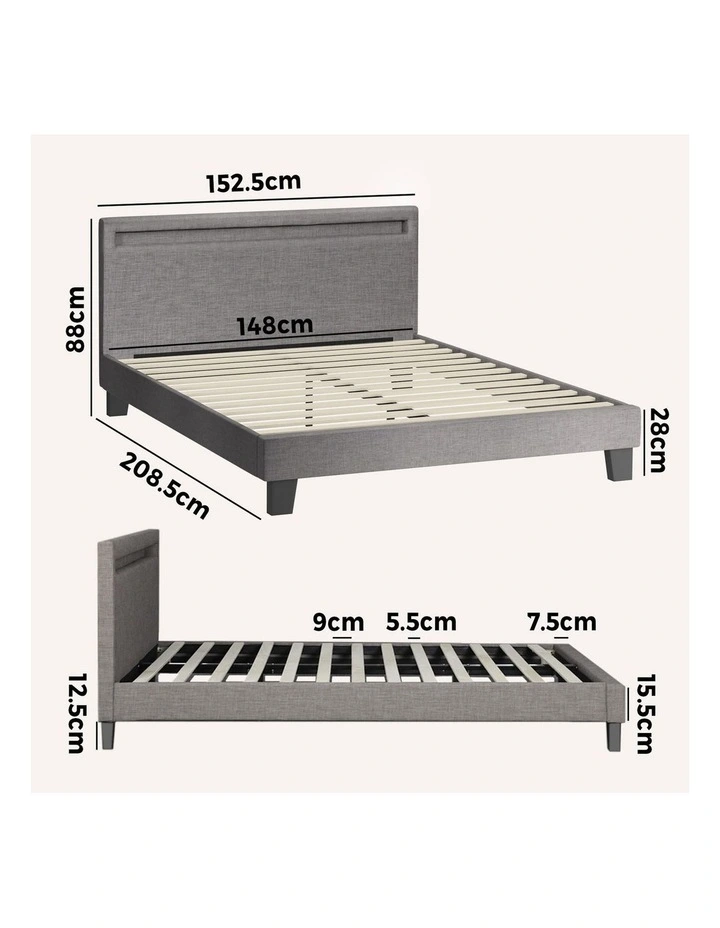 Oikiture Bed Frame RGB LED Queen Size Platform Wooden Slats Grey Fabric image 3