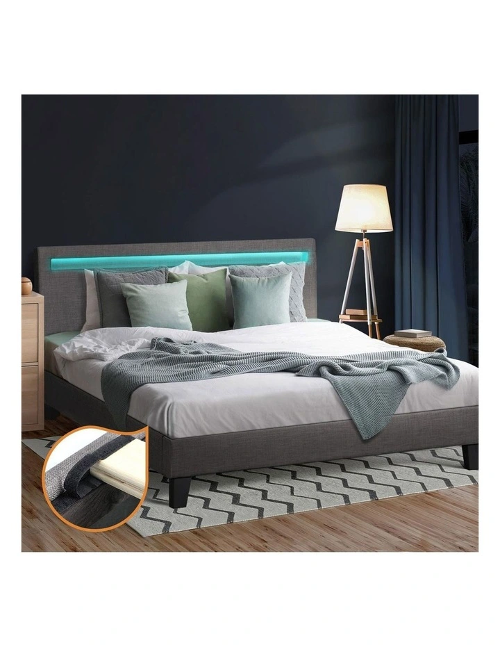 Oikiture Bed Frame RGB LED Queen Size Platform Wooden Slats Grey Fabric image 4