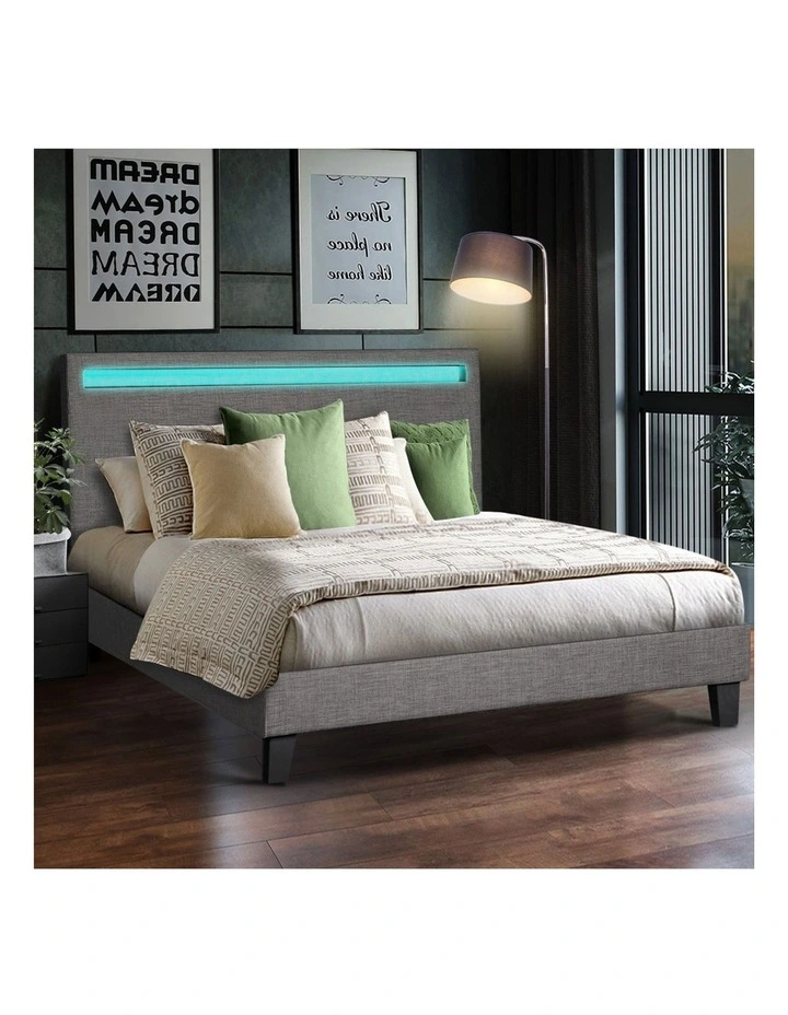 Oikiture Bed Frame RGB LED Queen Size Platform Wooden Slats Grey Fabric image 5