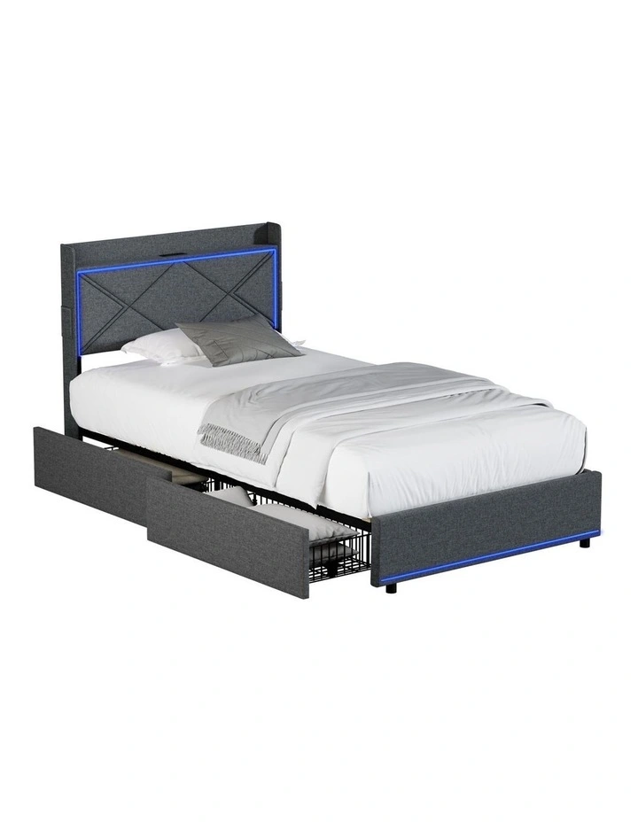Oikiture Bed Frame King Single Size with LED Headboard Charging Port 4 Drawers image 1
