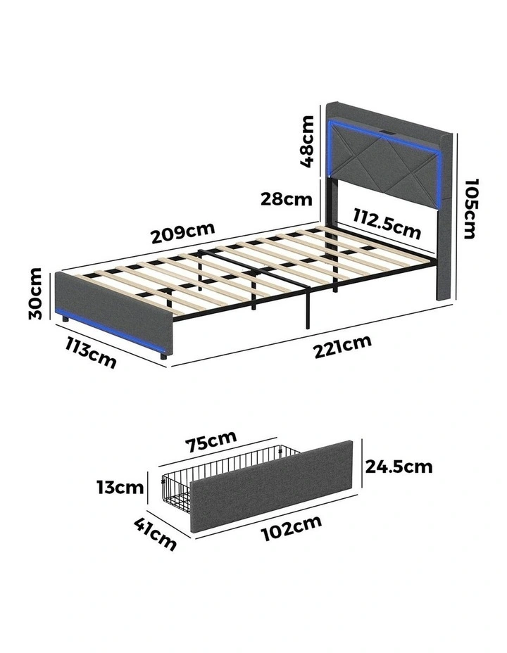 Oikiture Bed Frame King Single Size with LED Headboard Charging Port 4 Drawers image 3