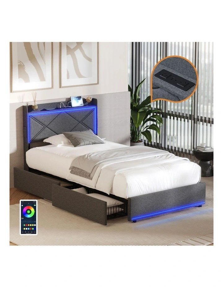 Oikiture Bed Frame King Single Size with LED Headboard Charging Port 4 Drawers image 4