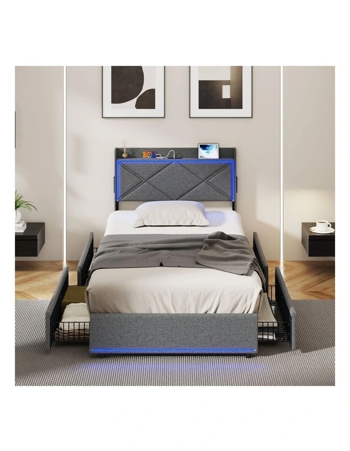 Oikiture Bed Frame King Single Size with LED Headboard Charging Port 4 Drawers image 5
